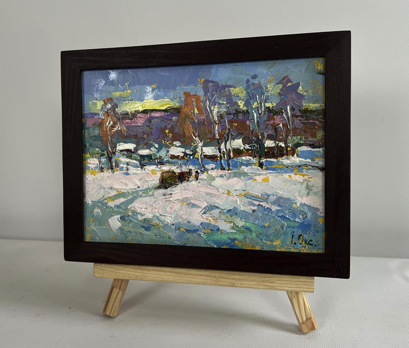 Framed abstract winter oil painting Returning Home with Hay by Oksana Ivanyuk