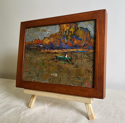 Rustic Oksana Ivanyuk oil painting of serene autumn lakeside evening silence