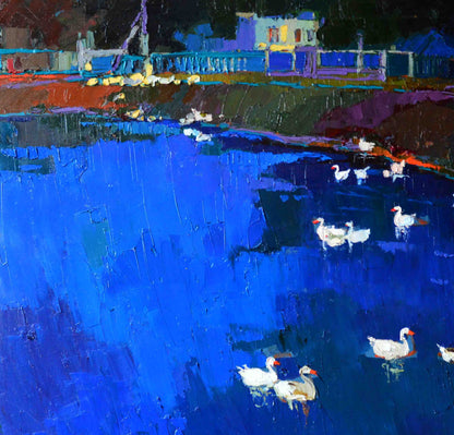 Oil painting Goslings in the lake by Natalia Korf-Ivaniuk with ducks on blue water