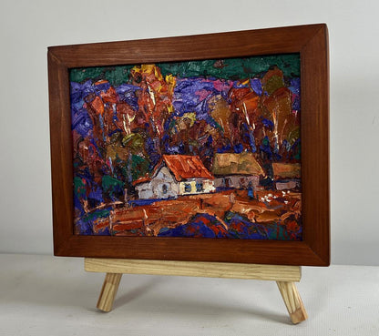 Oil painting Autumn night in the village by Oleksiy Ivanyuk in wooden frame