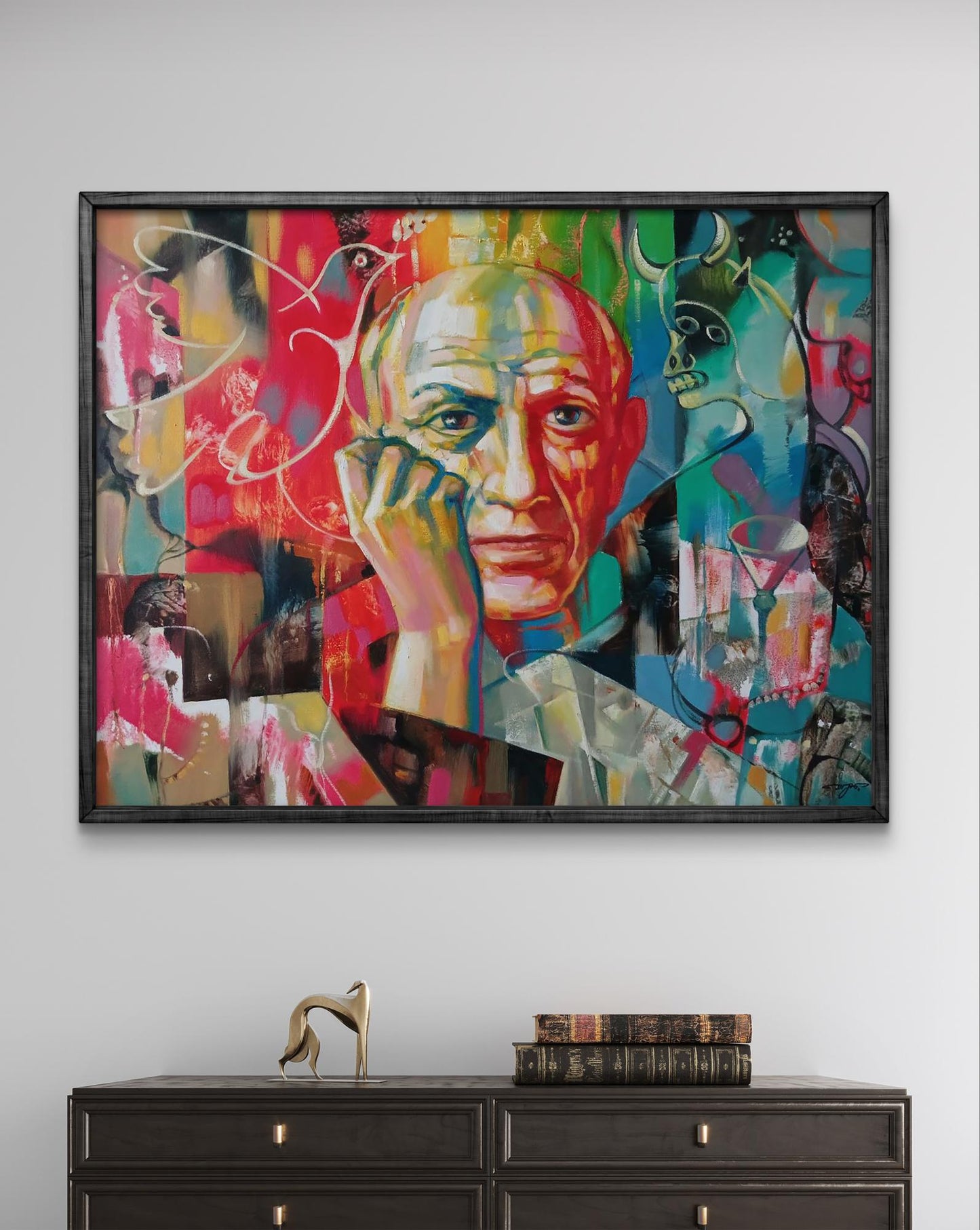 Vibrant abstract oil portrait Picasso in thought by Anatoly Tarabanov in black frame