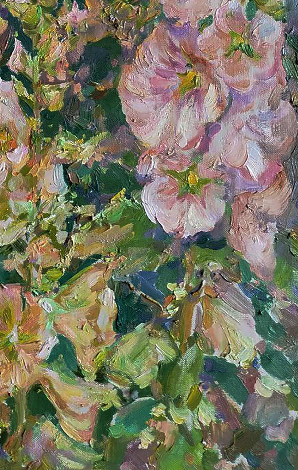 Vibrant oil painting Flowers in the Garden by Leonid Pavlenko with pink blossoms
