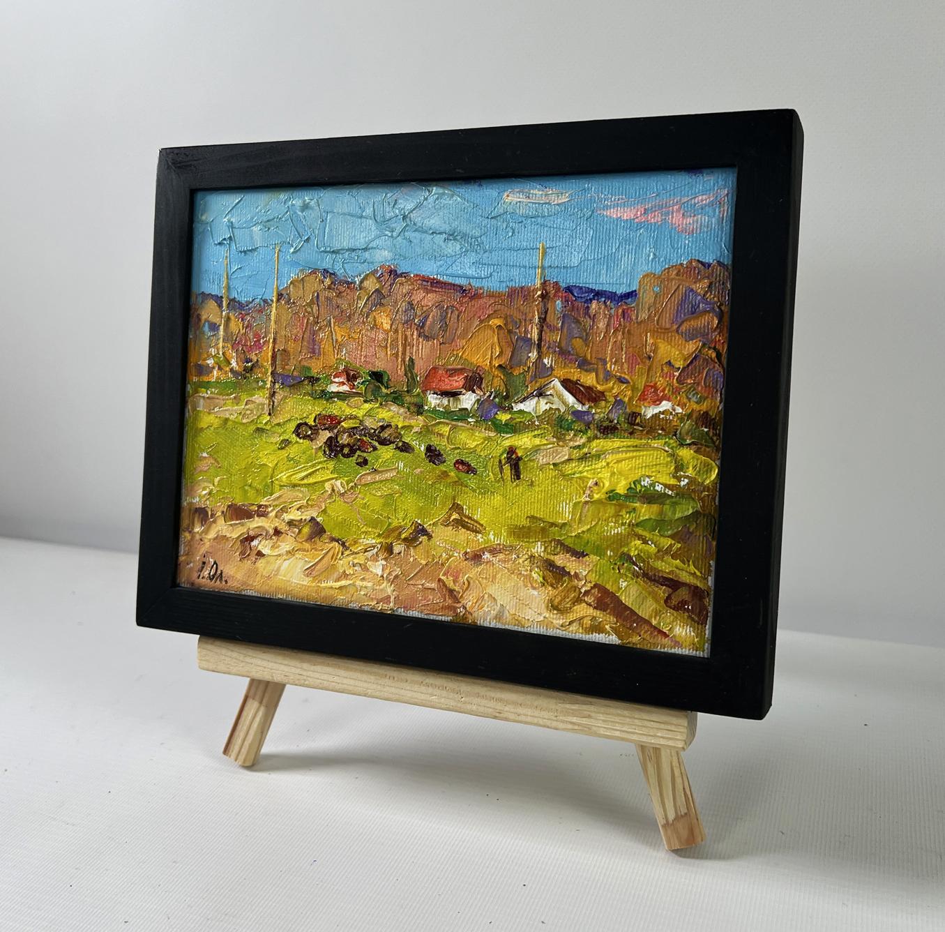 Black-framed miniature oil painting Sunny day outside the village by Oleksiy Ivanyuk
