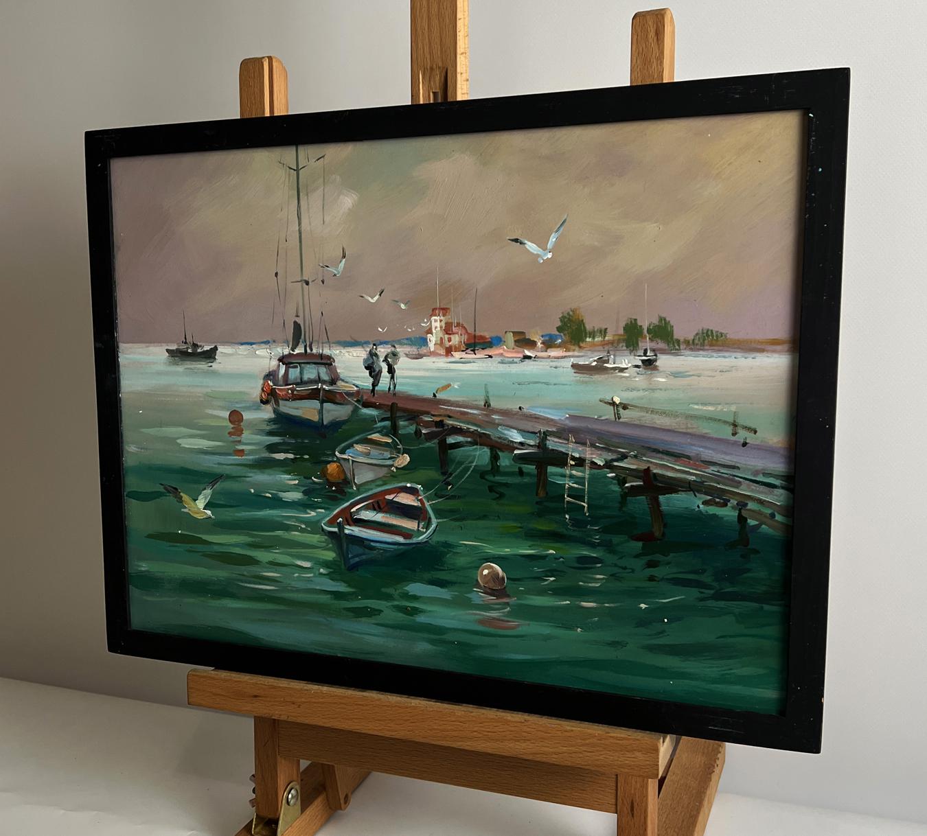 Framed oil painting of seagulls on pier by Yuriy Suprunchuk