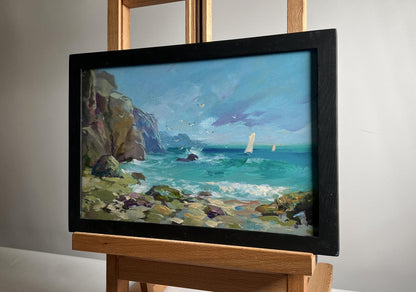 Framed oil painting by Yuriy Suprunchuk: seagulls over turquoise sea with cliffs and sailboats