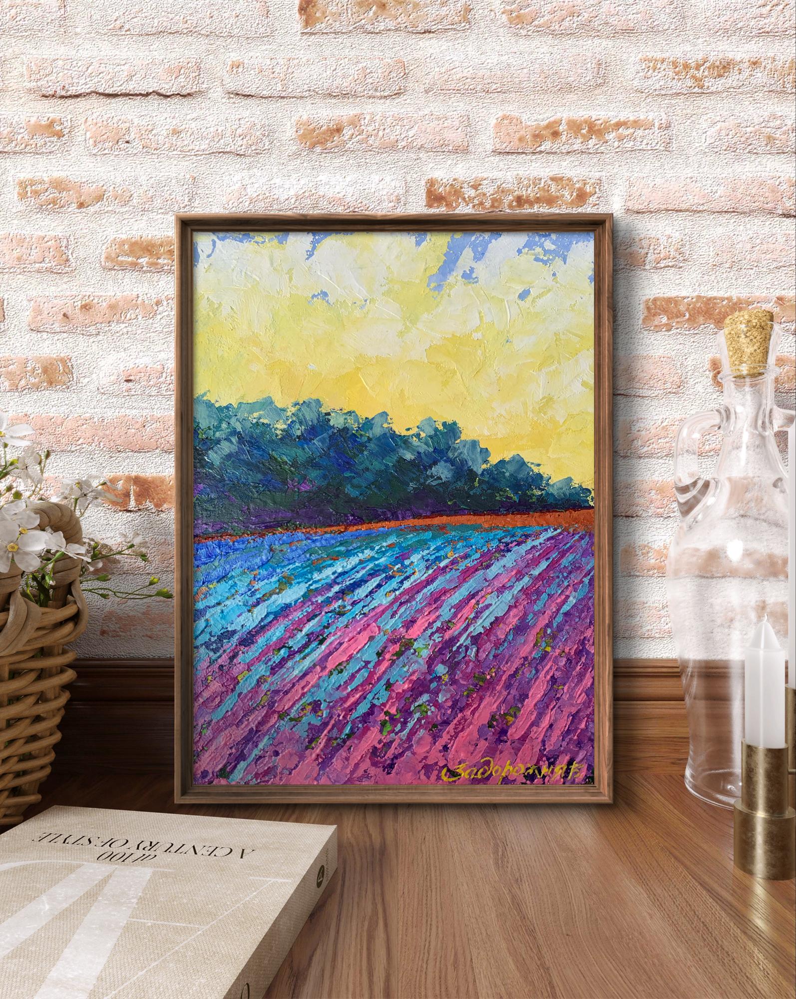 Oil painting Warm days in the fields V. Zadorozhnya vibrant purple blue flowers yellow sky