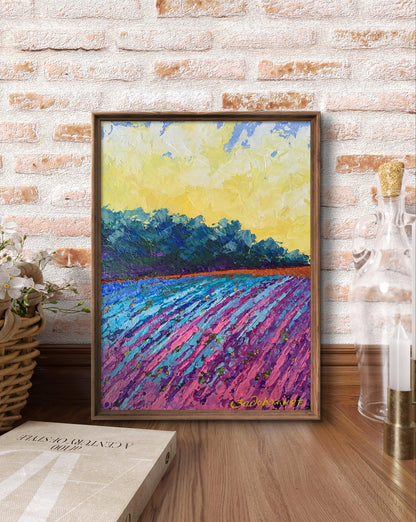 Oil painting Warm days in the fields V. Zadorozhnya vibrant purple blue flowers yellow sky