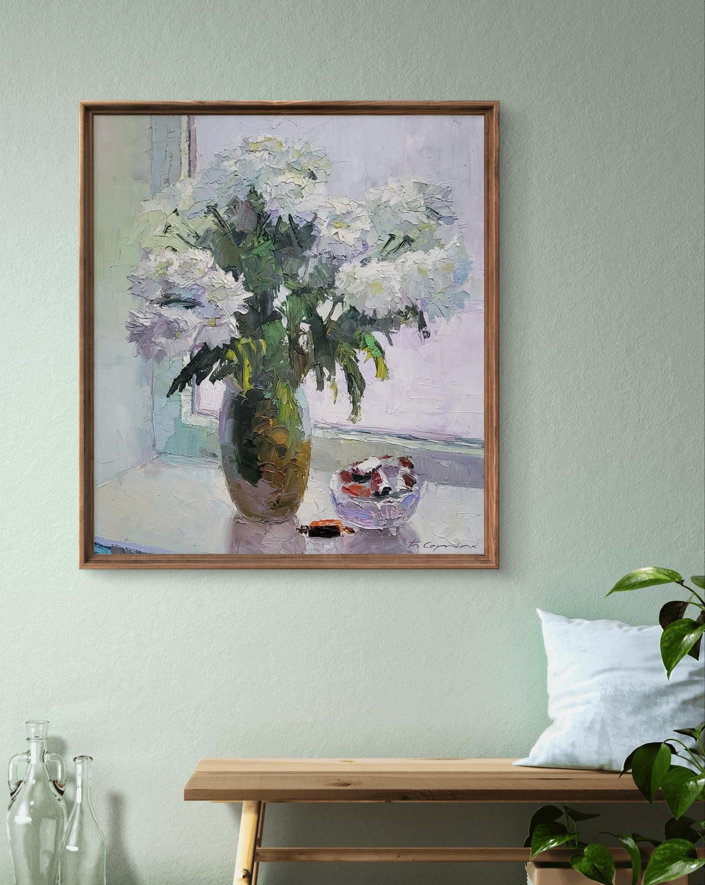 Oil painting Flowers on the window by Boris Serdyuk: white peonies in green vase
