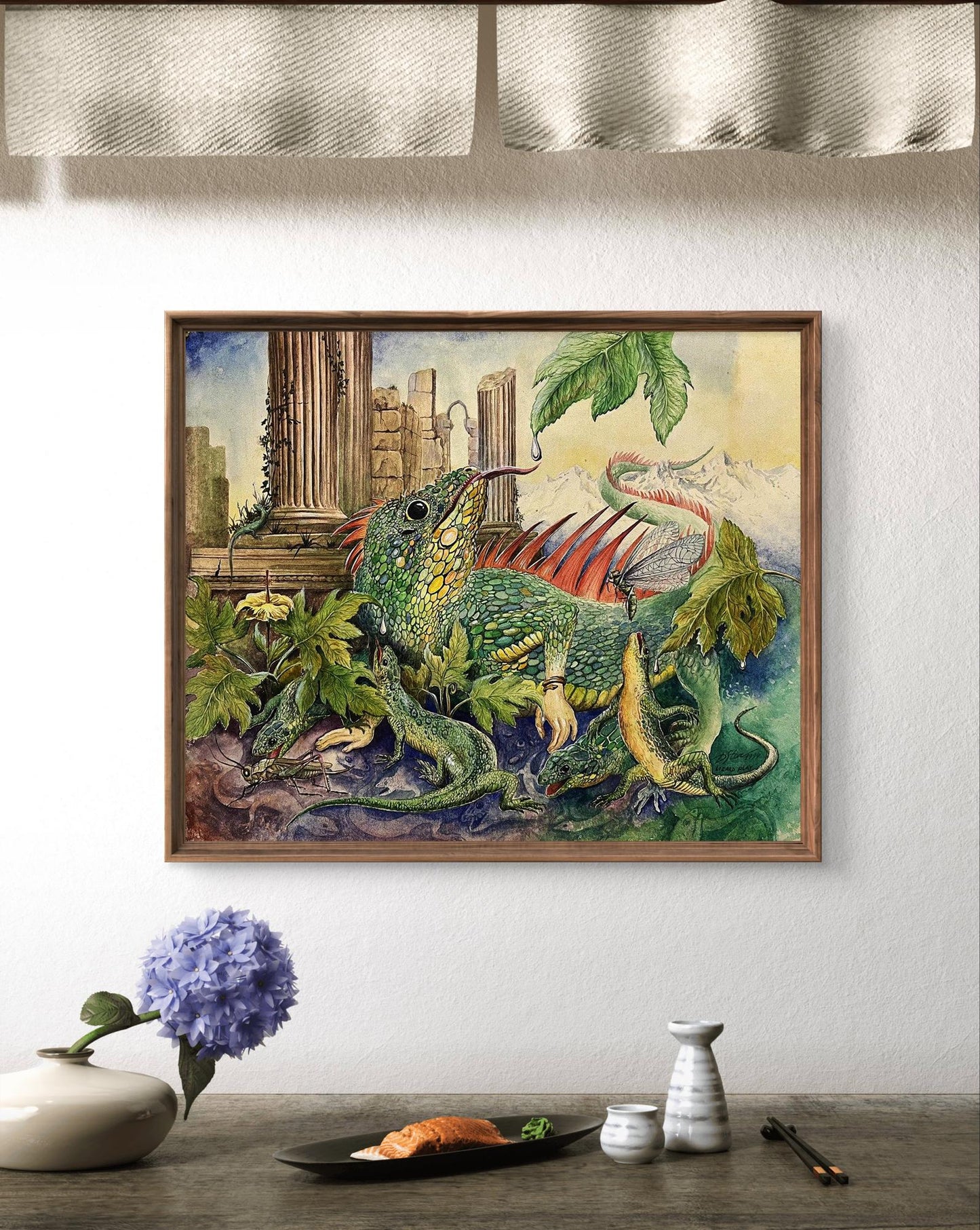 Framed watercolor Lizard game painting by Dmytro Startsev: green spiky dragon lizard in ruins