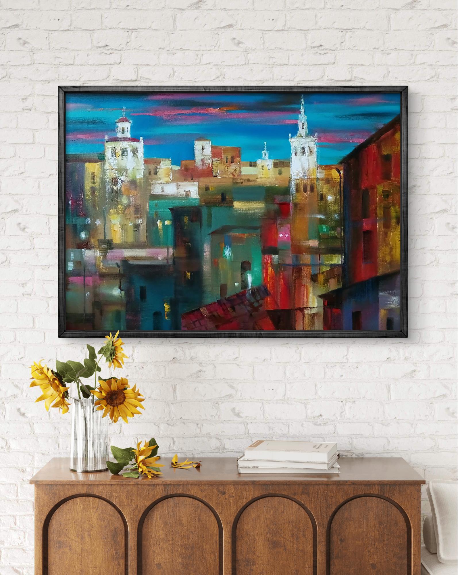 Abstract Evening City oil painting by Anatoly Tarabanov in black frame