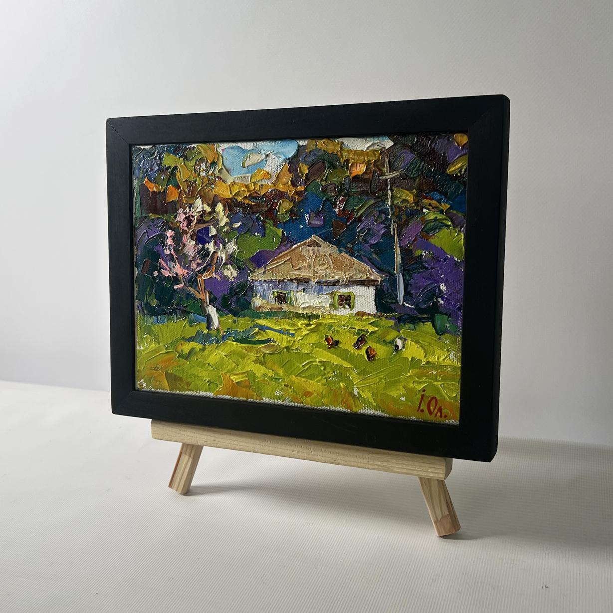 Impressionist oil painting of rustic white house by Oleksiy Ivanyuk in black frame