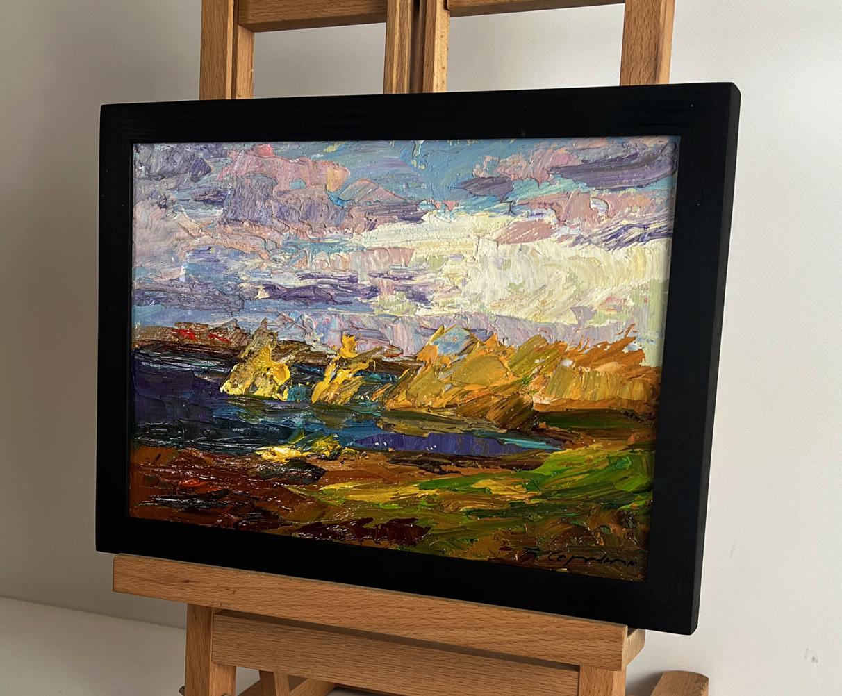 Oil painting Autumn sunset by the river by Boris Serdyuk in black frame