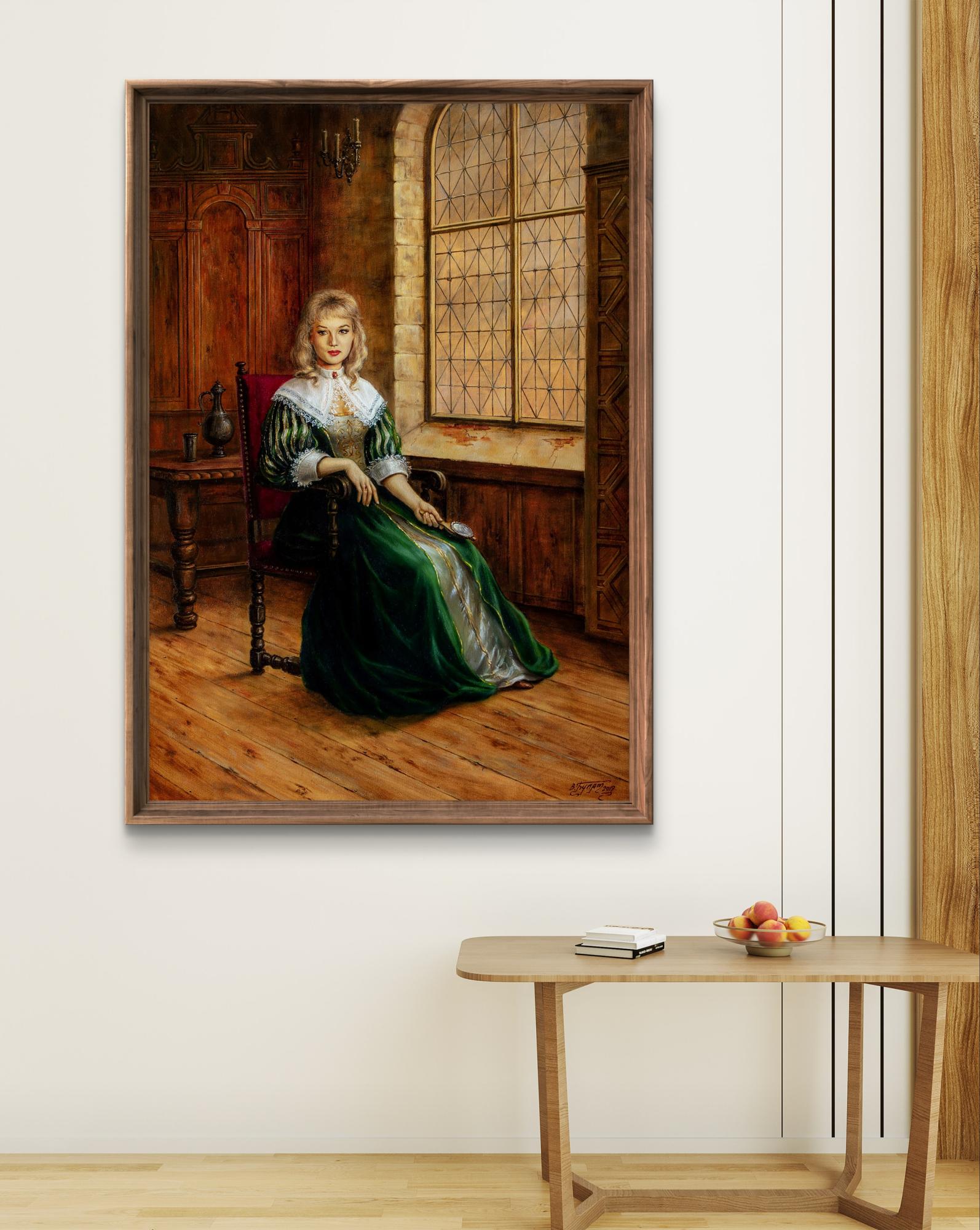 Oil painting My strength is in my weakness by Valeriy Bulat, woman in green gown