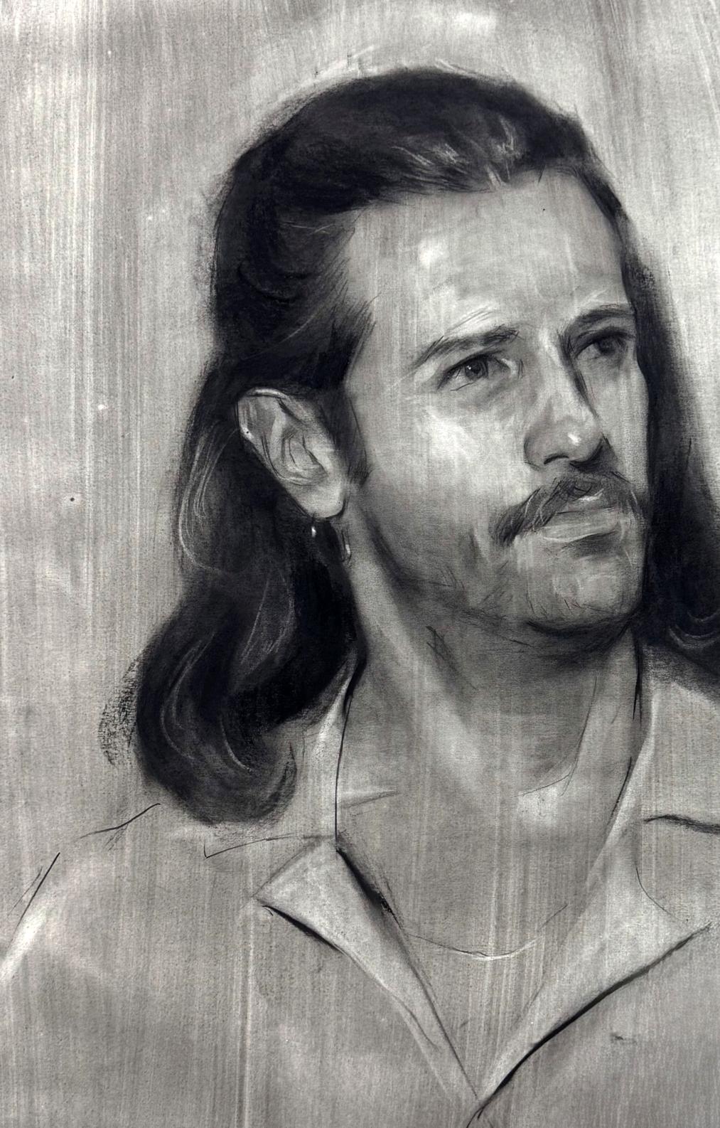 Detailed grayscale charcoal portrait sketch of Alessio Annam Butt
