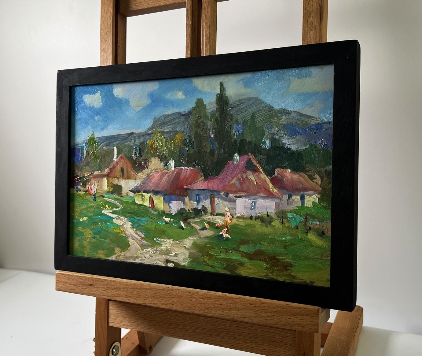 Oil painting Village among the Mountains by Yuriy Suprunchuk in black frame