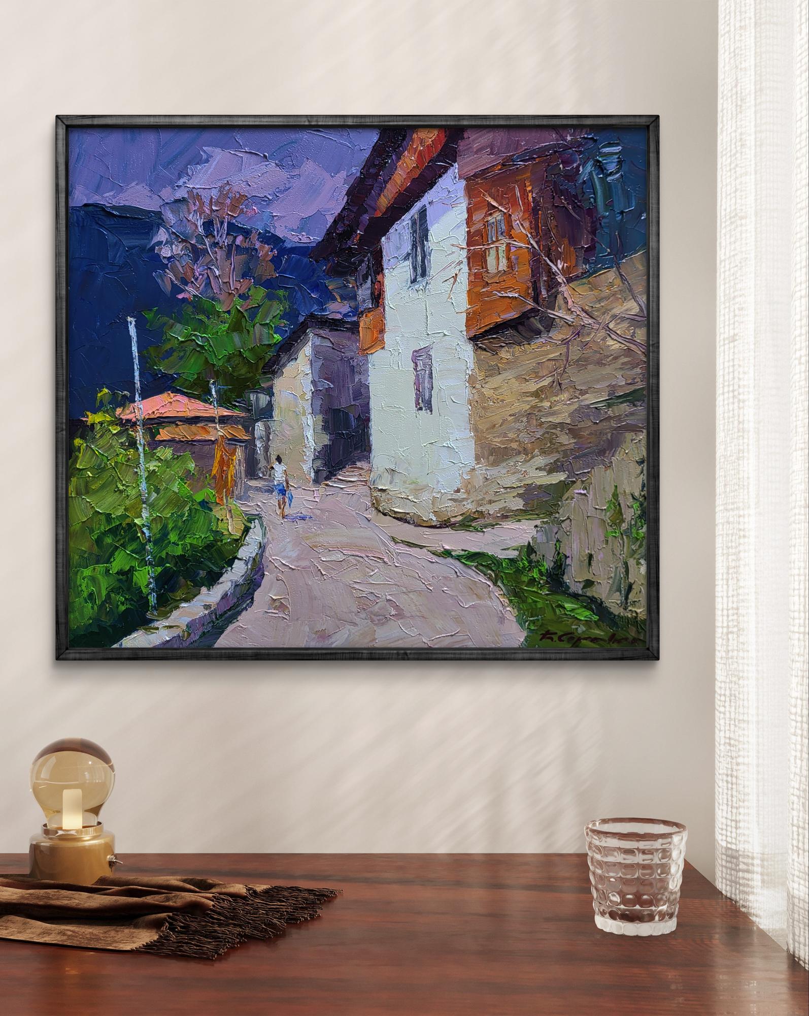 Oil painting by Boris Serdyuk: historical cobblestone village street in vibrant tones