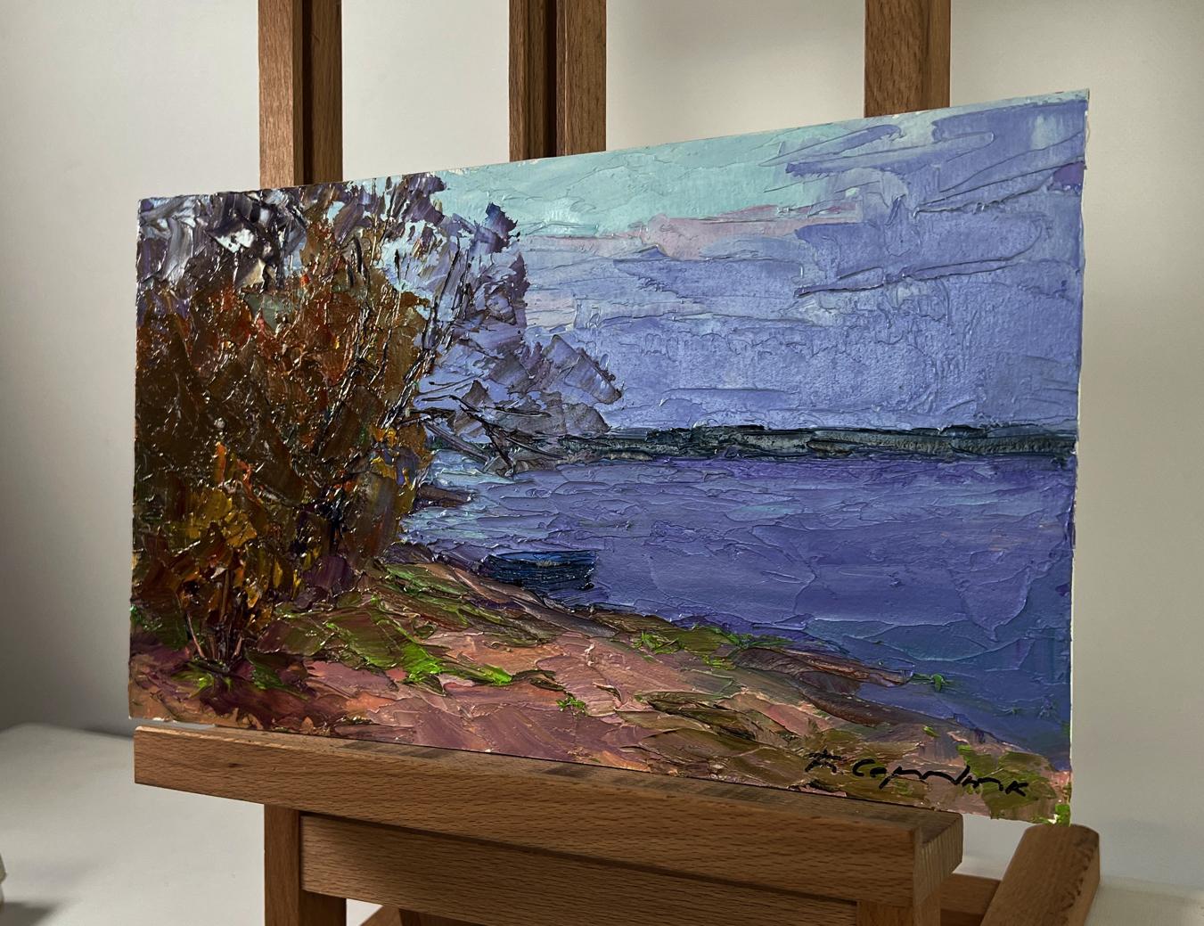 Oil painting Silent Drift on river waves by Boris Serdyuk, purple sky and earthy tones