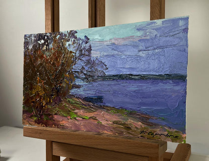 Oil painting Silent Drift on river waves by Boris Serdyuk, purple sky and earthy tones