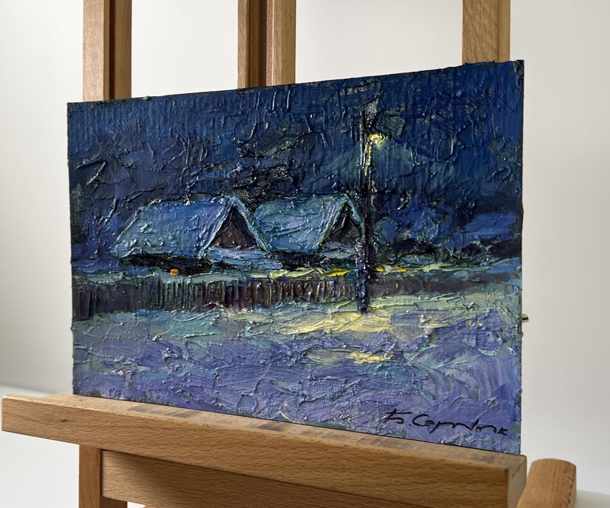 Oil painting Winter night in the village by Boris Serdyuk snowy scene