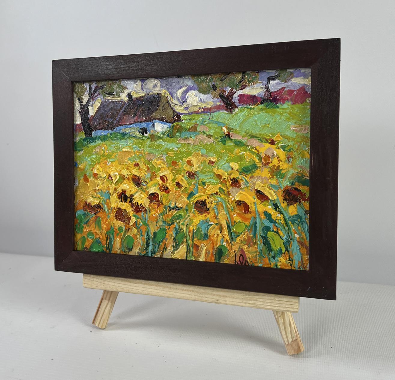 Fragrant summer in the field oil painting by Oleksiy Ivanyuk, sunflower field with cottage