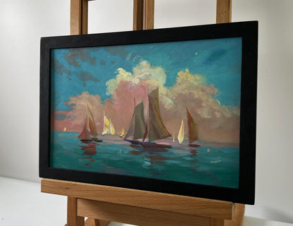 Oil painting Sunset at sea with ships by Yuriy Suprunchuk in black frame