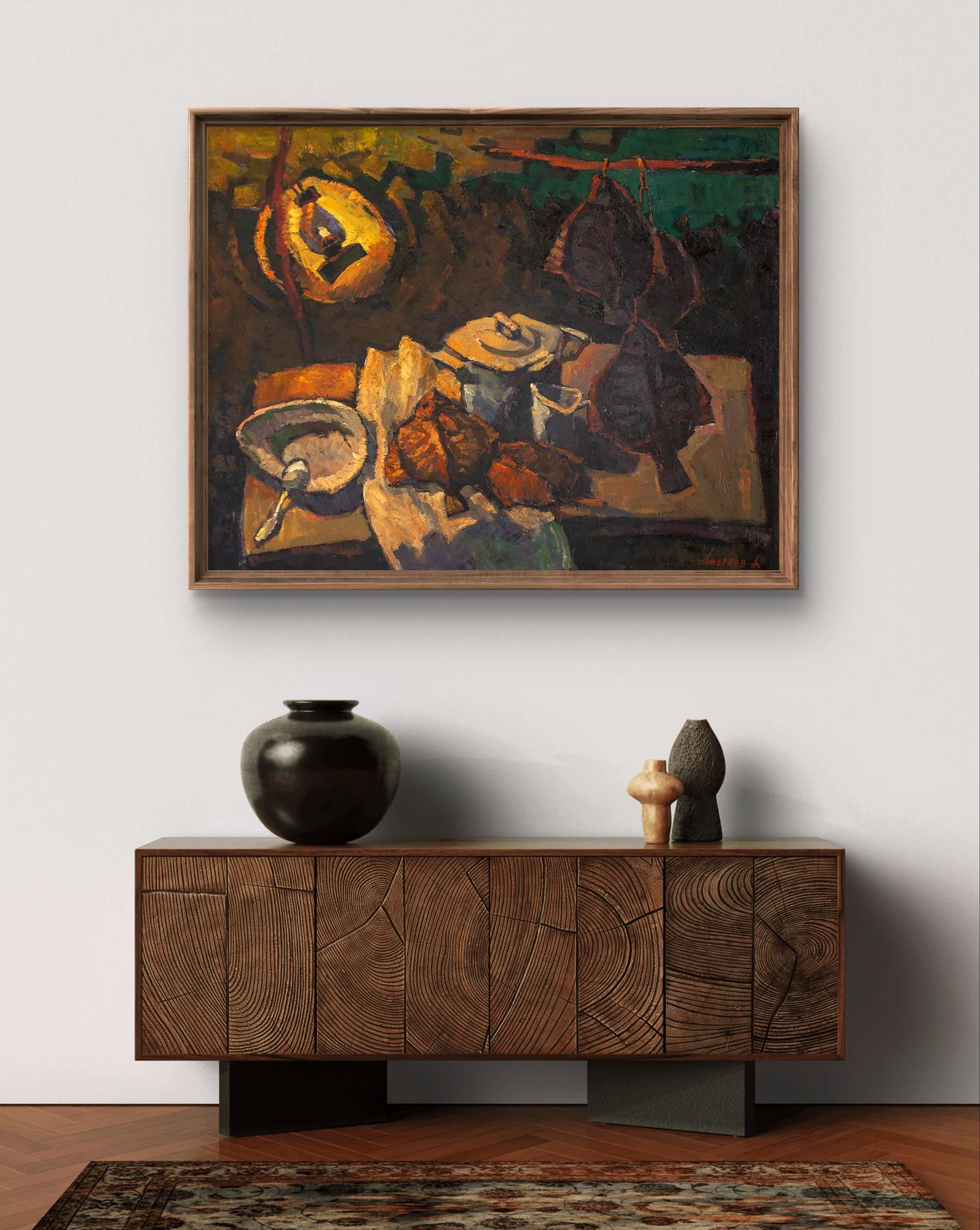 Oil painting Evening Still Life by Oleksandr Andreev, framed abstract teapot scene