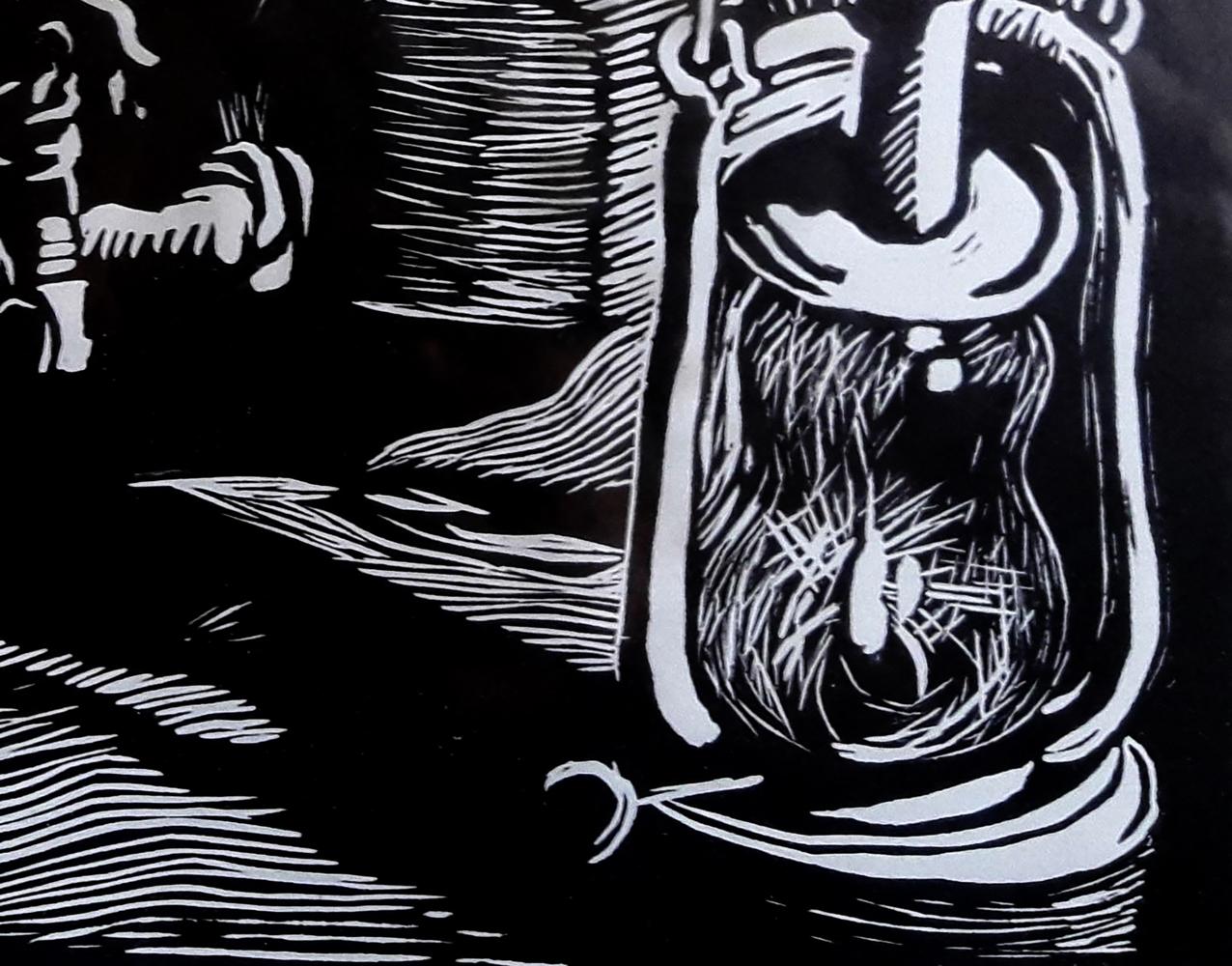 Black and white linocut of vintage lantern with cross-hatched detailing