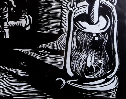 Black and white linocut of vintage lantern with cross-hatched detailing