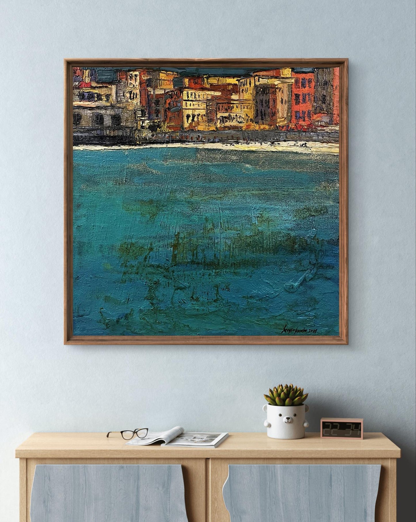Oil painting Eternal by Serhiy Kovalev: coastal town in wooden frame