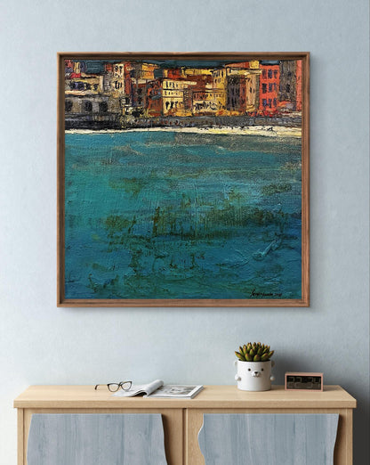 Oil painting Eternal by Serhiy Kovalev: coastal town in wooden frame