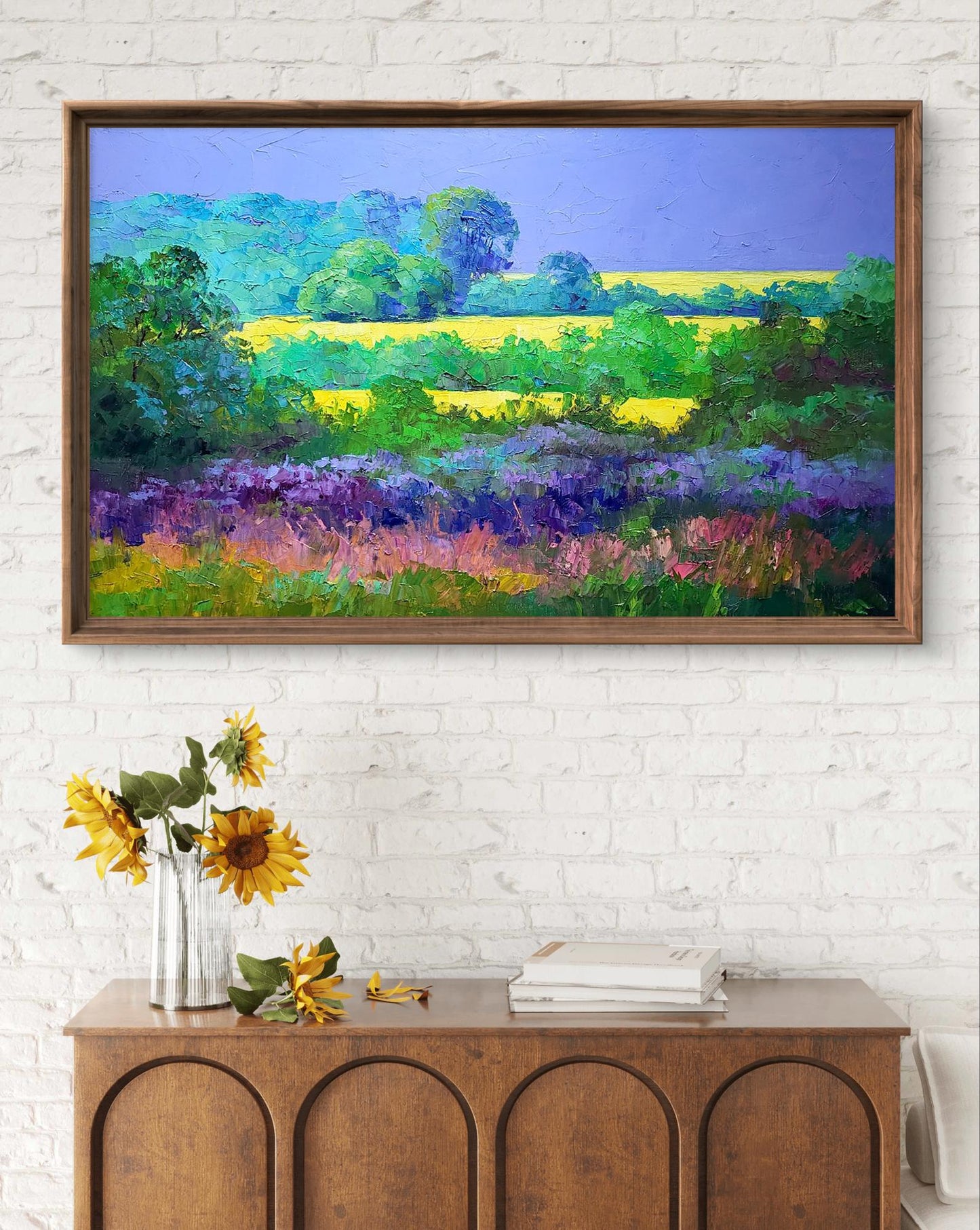 Oil painting of rapeseed fields by Boris Serdyuk in rustic frame