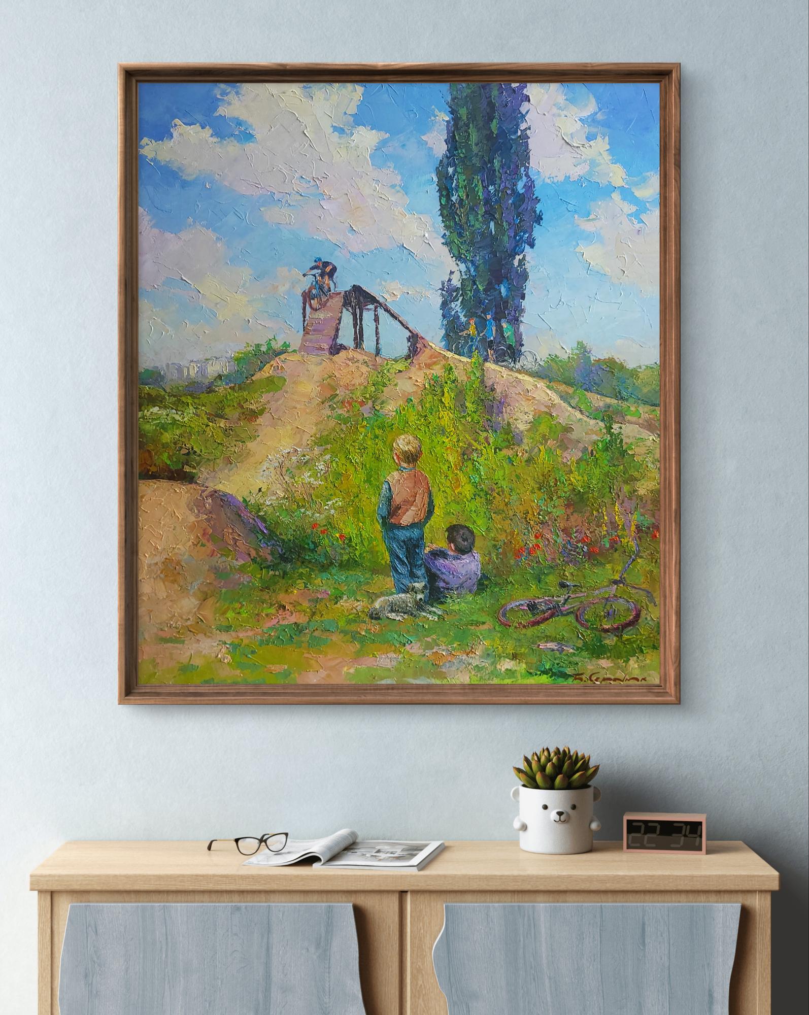 Oil painting Freeride by Boris Serdyuk: two children in sunlit grassy landscape