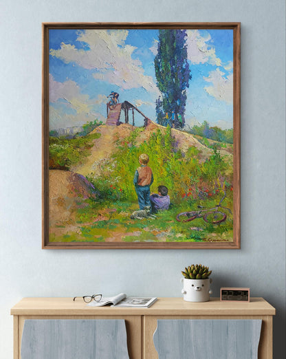 Oil painting Freeride by Boris Serdyuk: two children in sunlit grassy landscape