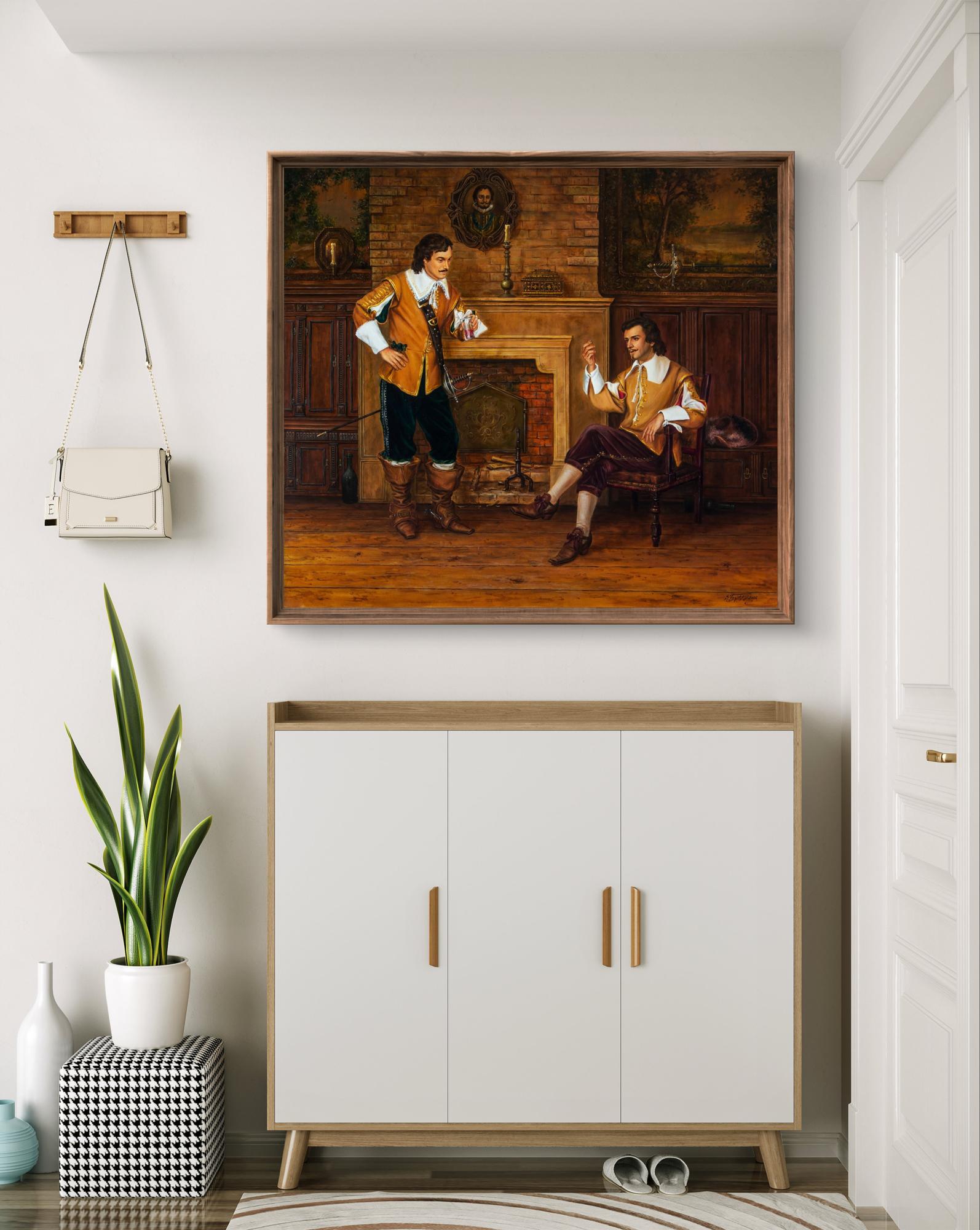 Oil painting Ring of Athos by Valeriy Bulat, two men conversing by fireplace