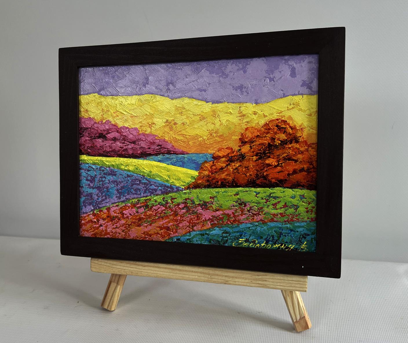 Oil painting Work in the autumn field V. Zadorozhnya in black frame