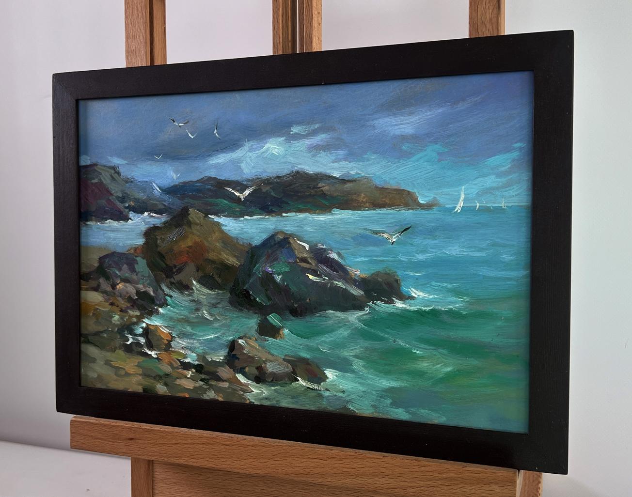 Framed oil painting by Yuriy Suprunchuk: sea storm approaching with turbulent turquoise waters