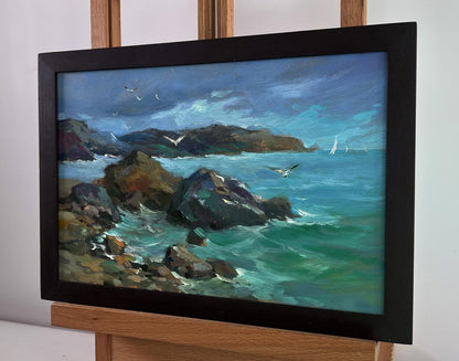 Framed oil painting by Yuriy Suprunchuk: sea storm approaching with turbulent turquoise waters