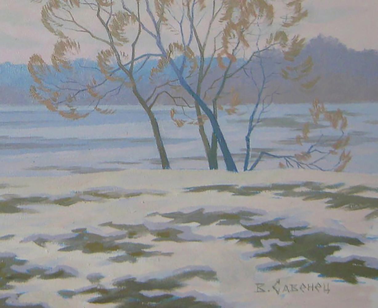 Oil painting The March snow hasnt gone yet by Valery Savenets winter landscape