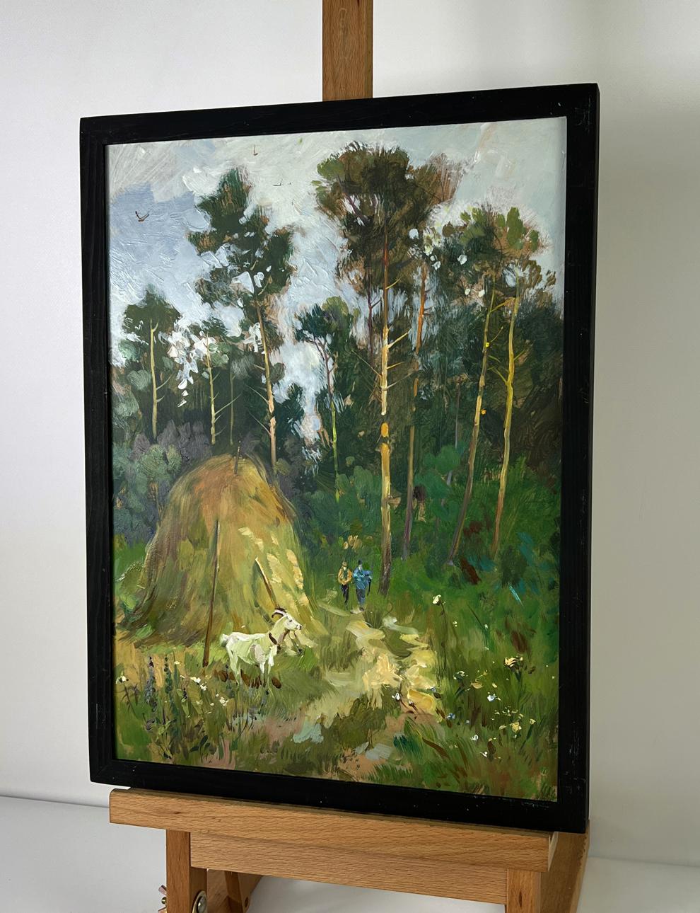 Oil painting The road to the forest by Yuriy Suprunchuk with goat and hay bale