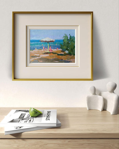 Oil painting Hot summer by Yury Konovalov: beach scene in gold frame