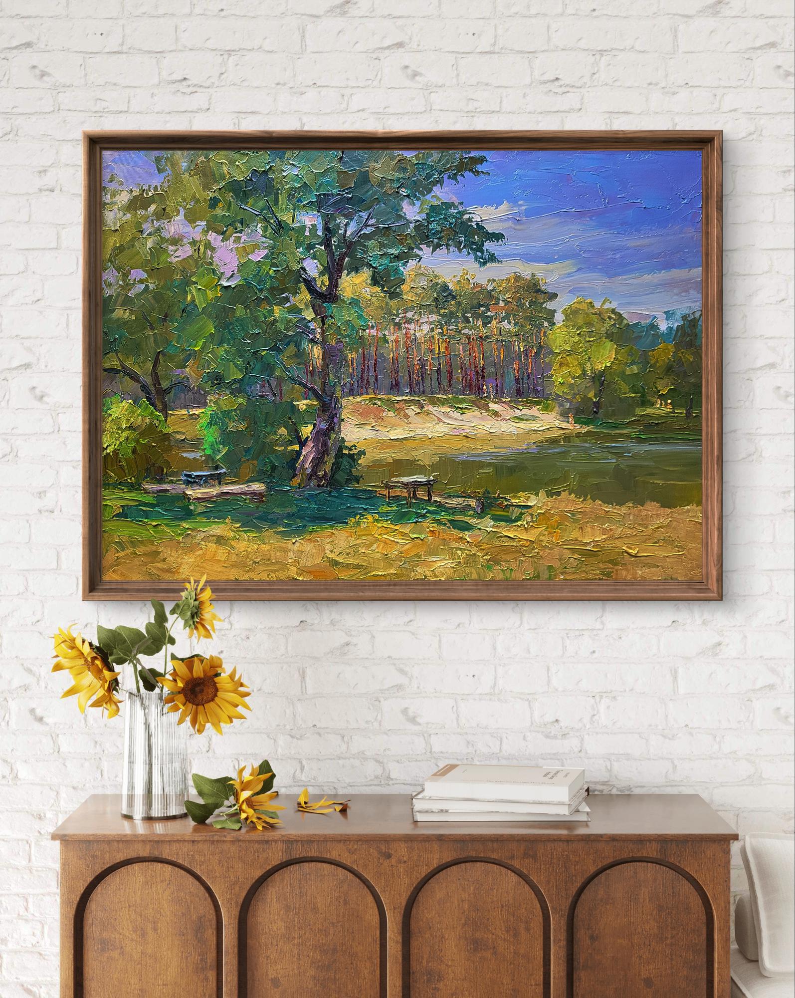 Oil painting The edge of the village by Boris Serdyuk, sunlit forest scene