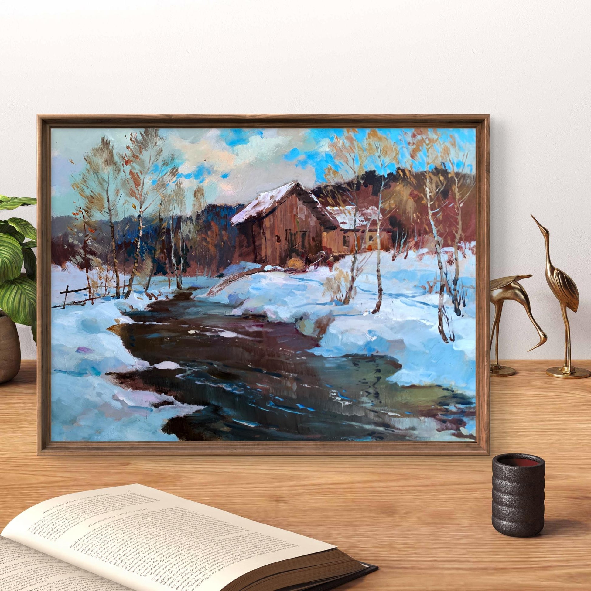 Framed oil painting After the Night Snowstorm by Yuriy Suprunchuk, snowy cabin landscape