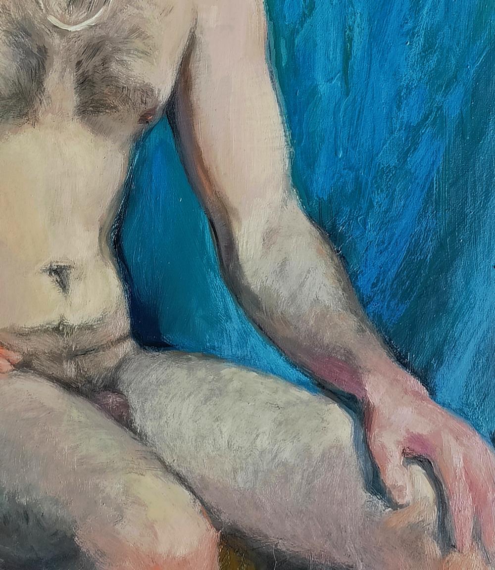 Textured pastel male figure seated on blue background by Oksana Osnach