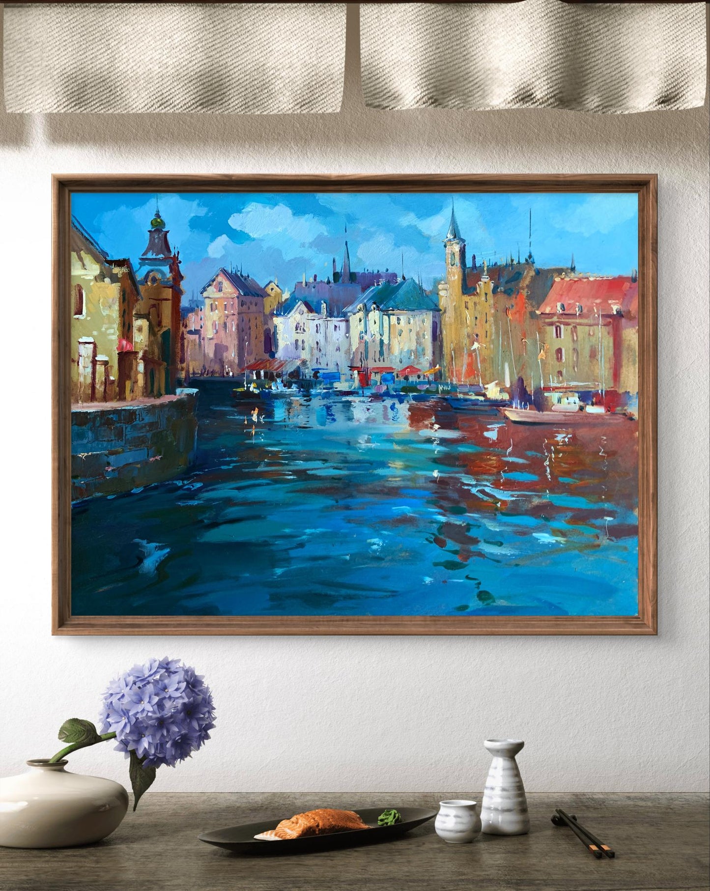 Vibrant oil painting like Venice by Yuriy Suprunchuk, canal town in frame