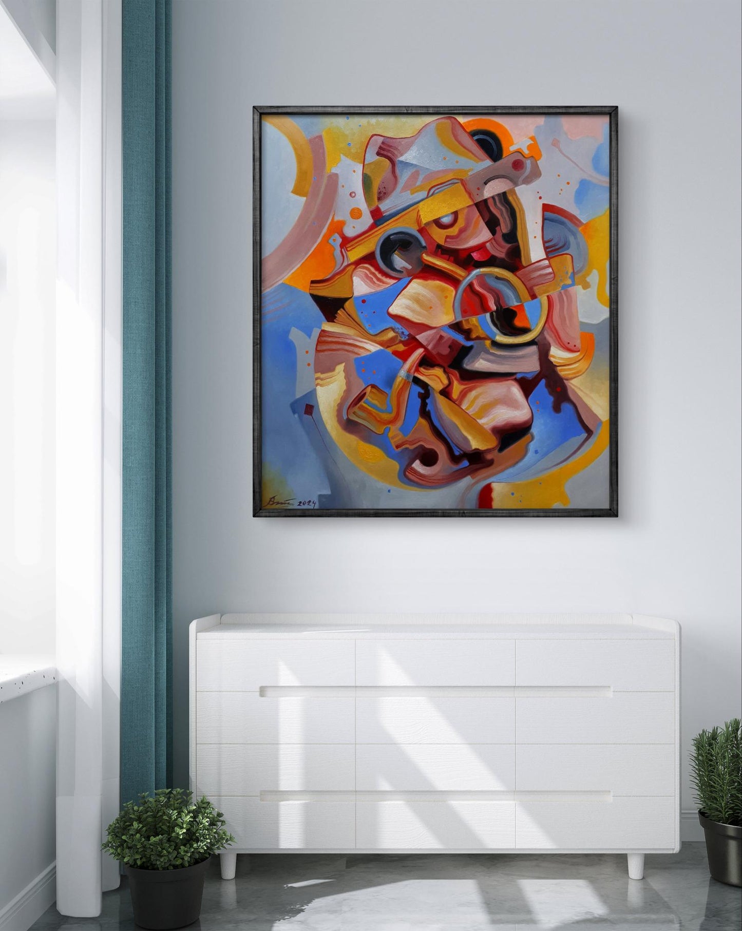 Oil painting Golden Virginia by Sergiy Voichenko in black frame above dresser