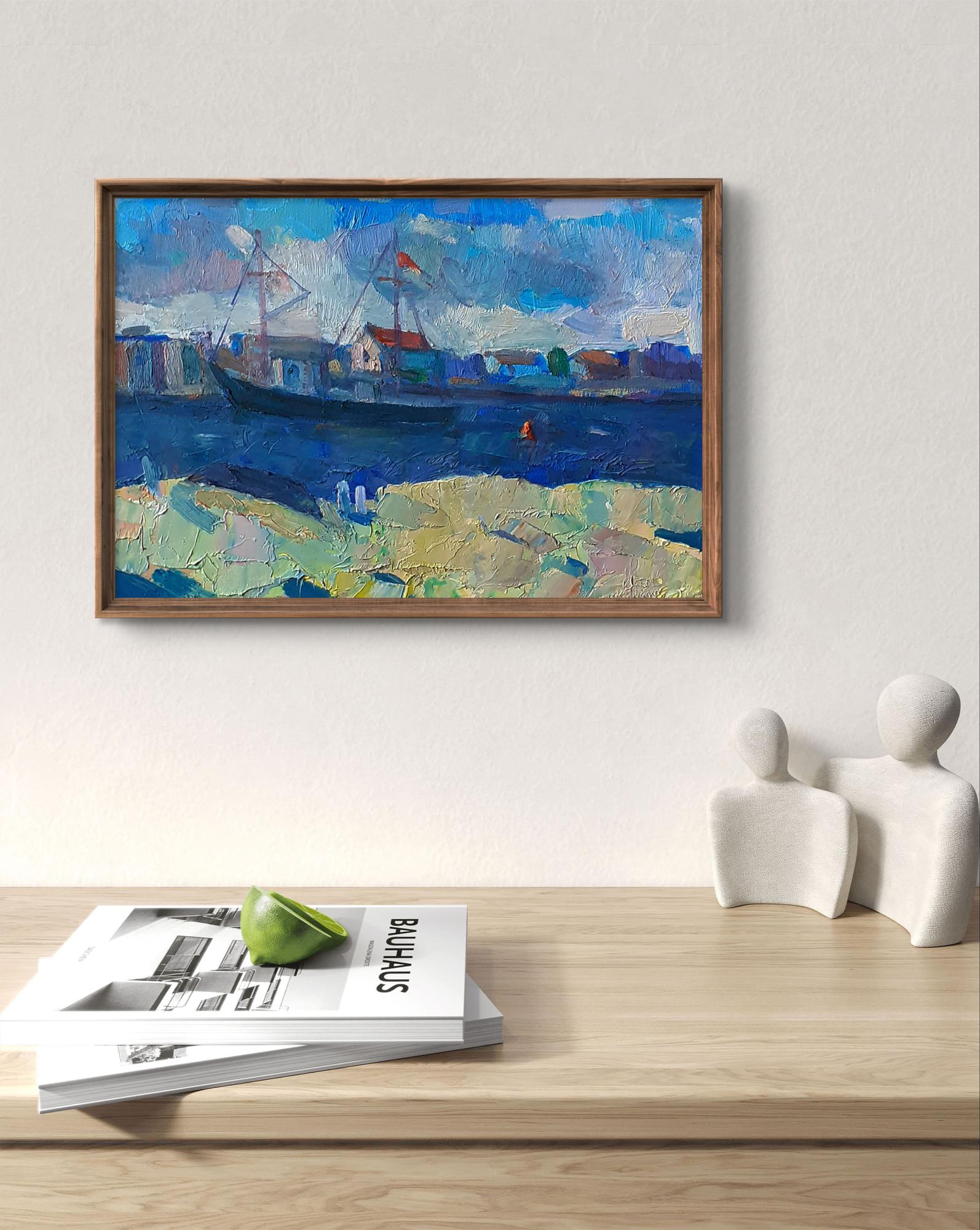 Framed impressionist oil painting of thin summer sea strait by Pavel Dobrev