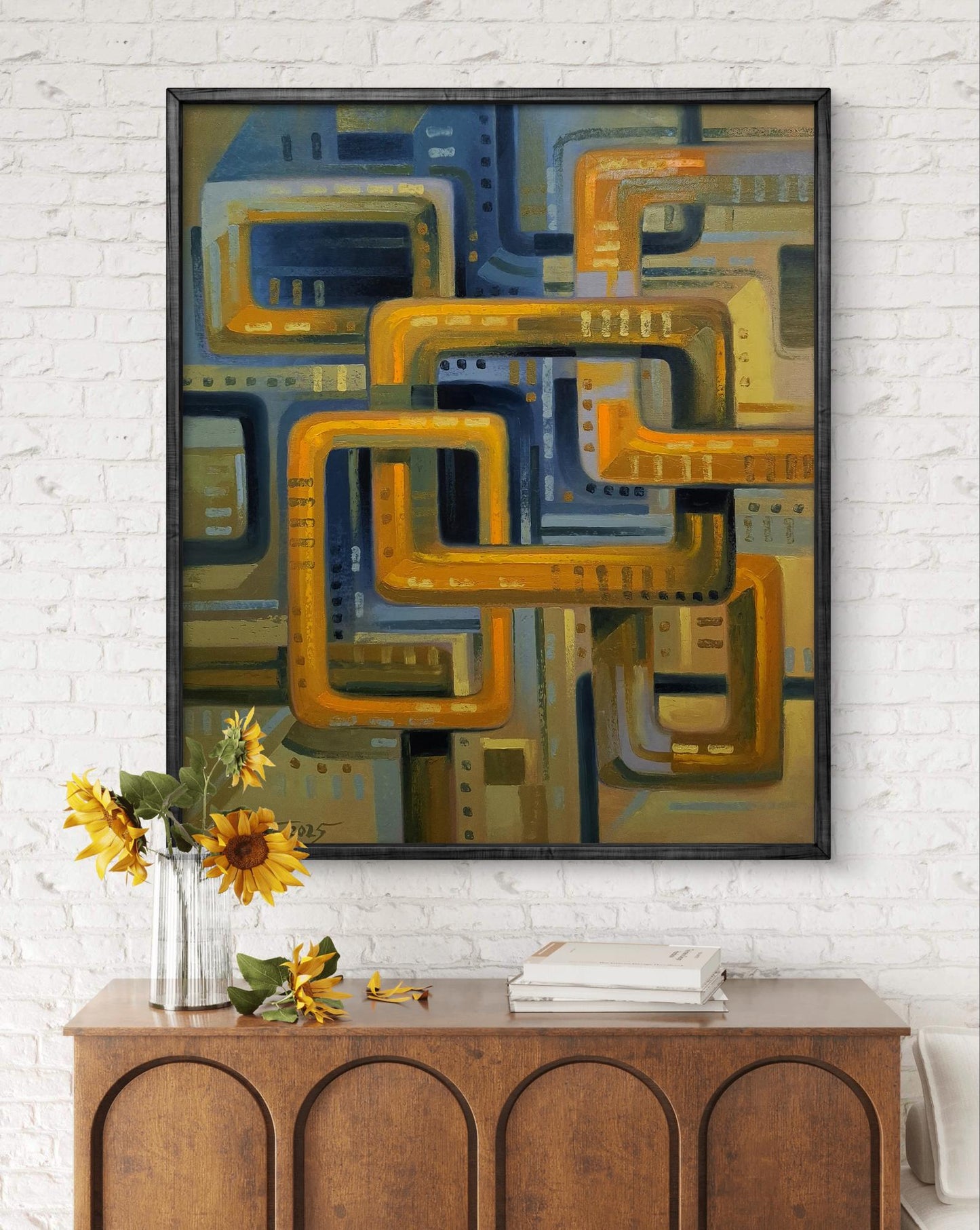 Oil painting Interaction by Sergiy Voichenko: golden blue geometric shapes framed