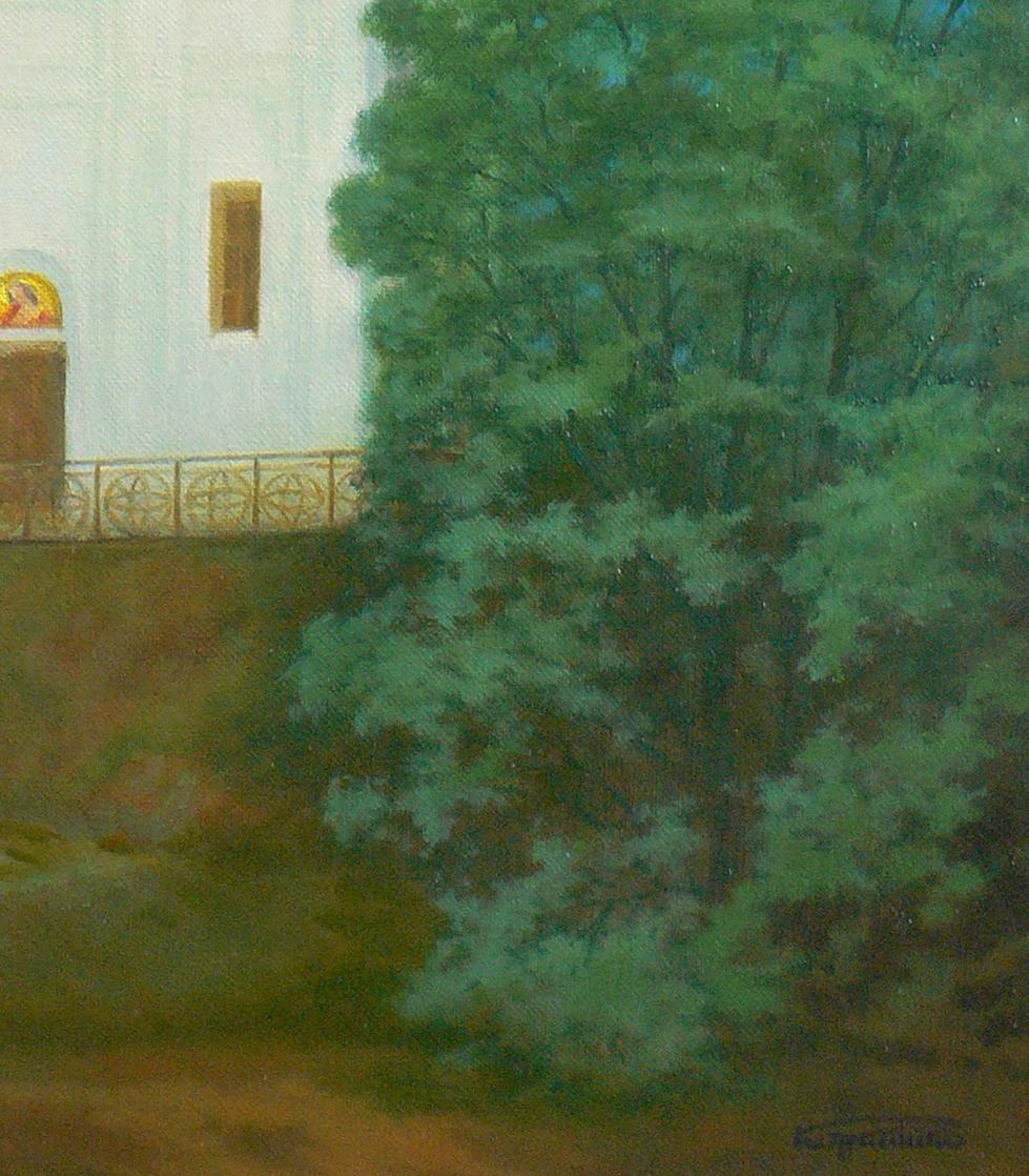 Oil painting of Church of St. Nicholas by Vasily Korkishko with lush green tree
