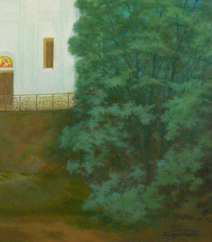 Oil painting of Church of St. Nicholas by Vasily Korkishko with lush green tree