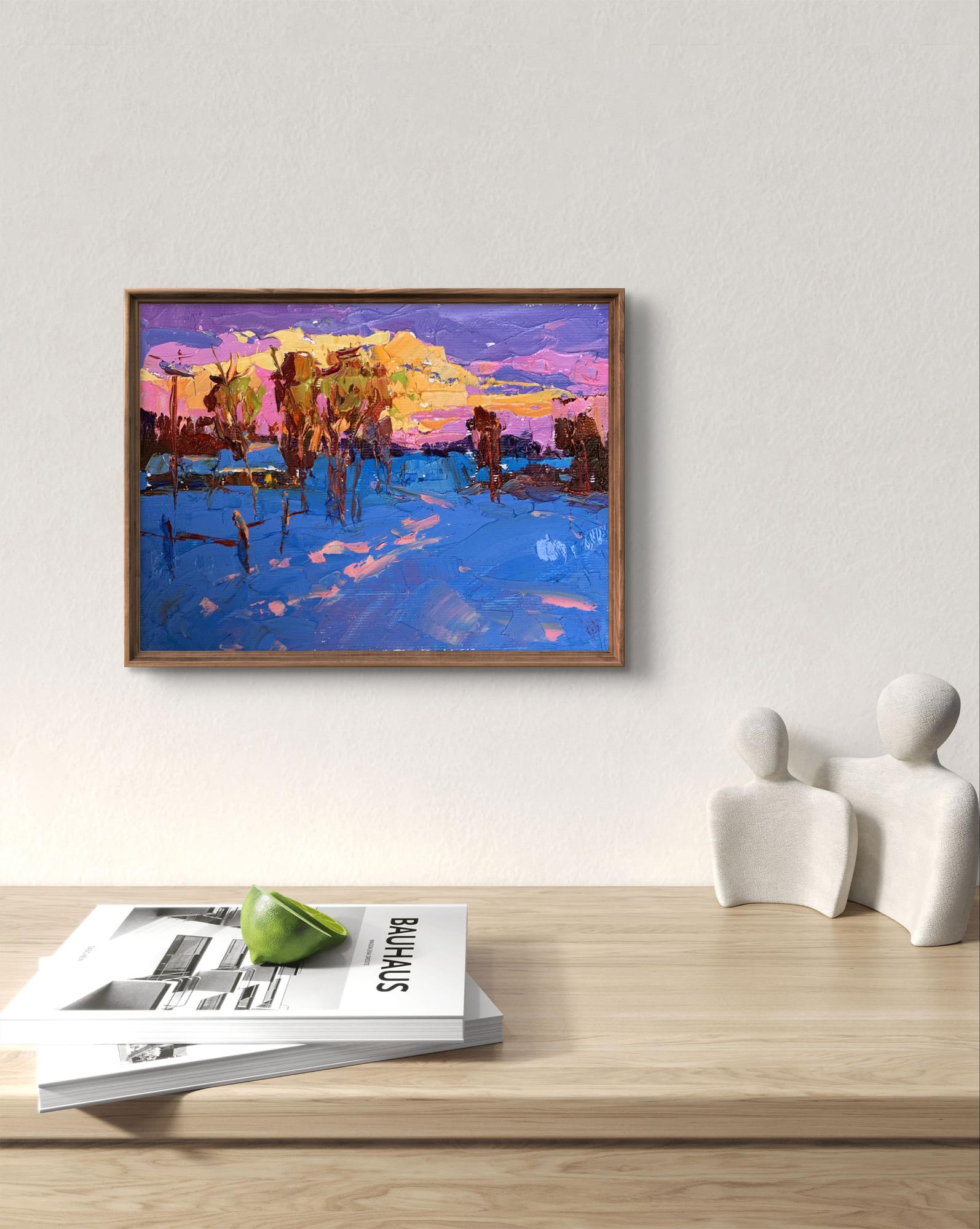 Oil painting In the evening in the cold by Oksana Ivanyuk in wooden frame
